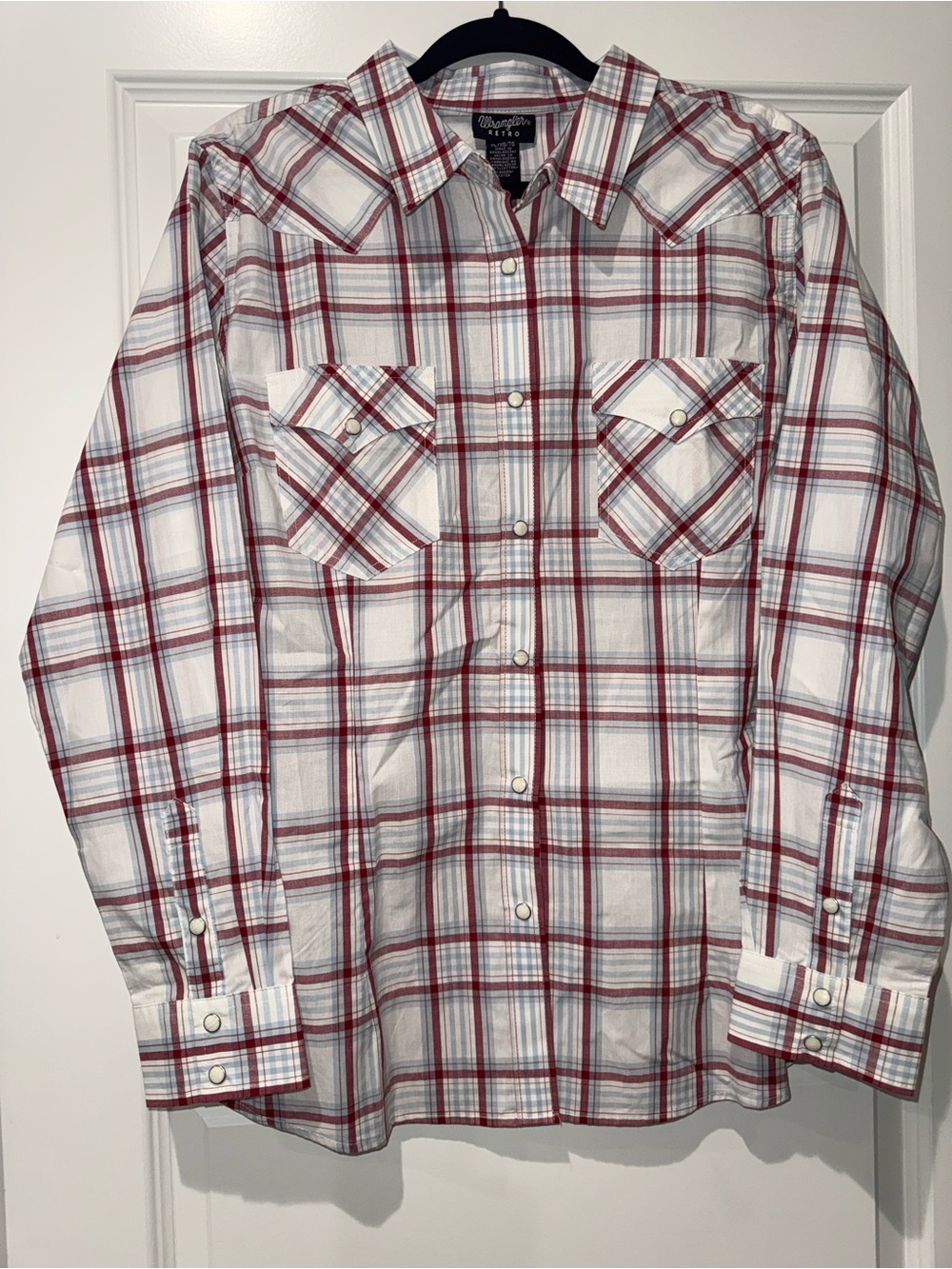 Wrangler Women’s Pearl Snap Red and White Plaid Button-Up Western Shirt